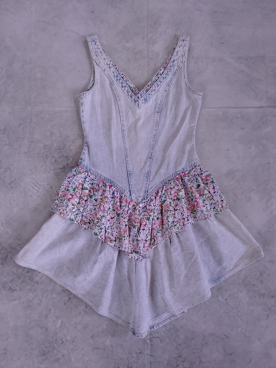 Vintage 80s 90s Acid Wash  Floral Ruffle Mini Short Dress