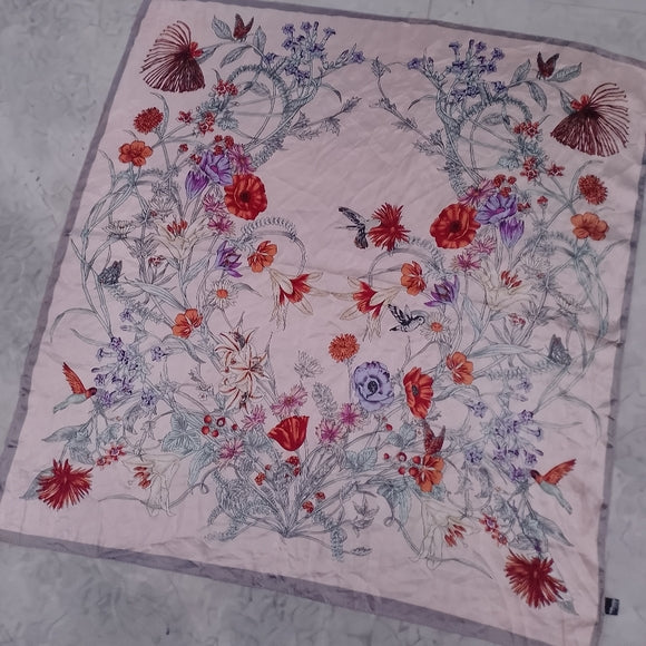 Vintage Pink Floral Silk-Feeling Polyester Scarf 27in Lightweight Retro