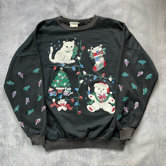 Vintage Ugly Christmas Sweater With Cat and Teddy Bear UNISEX