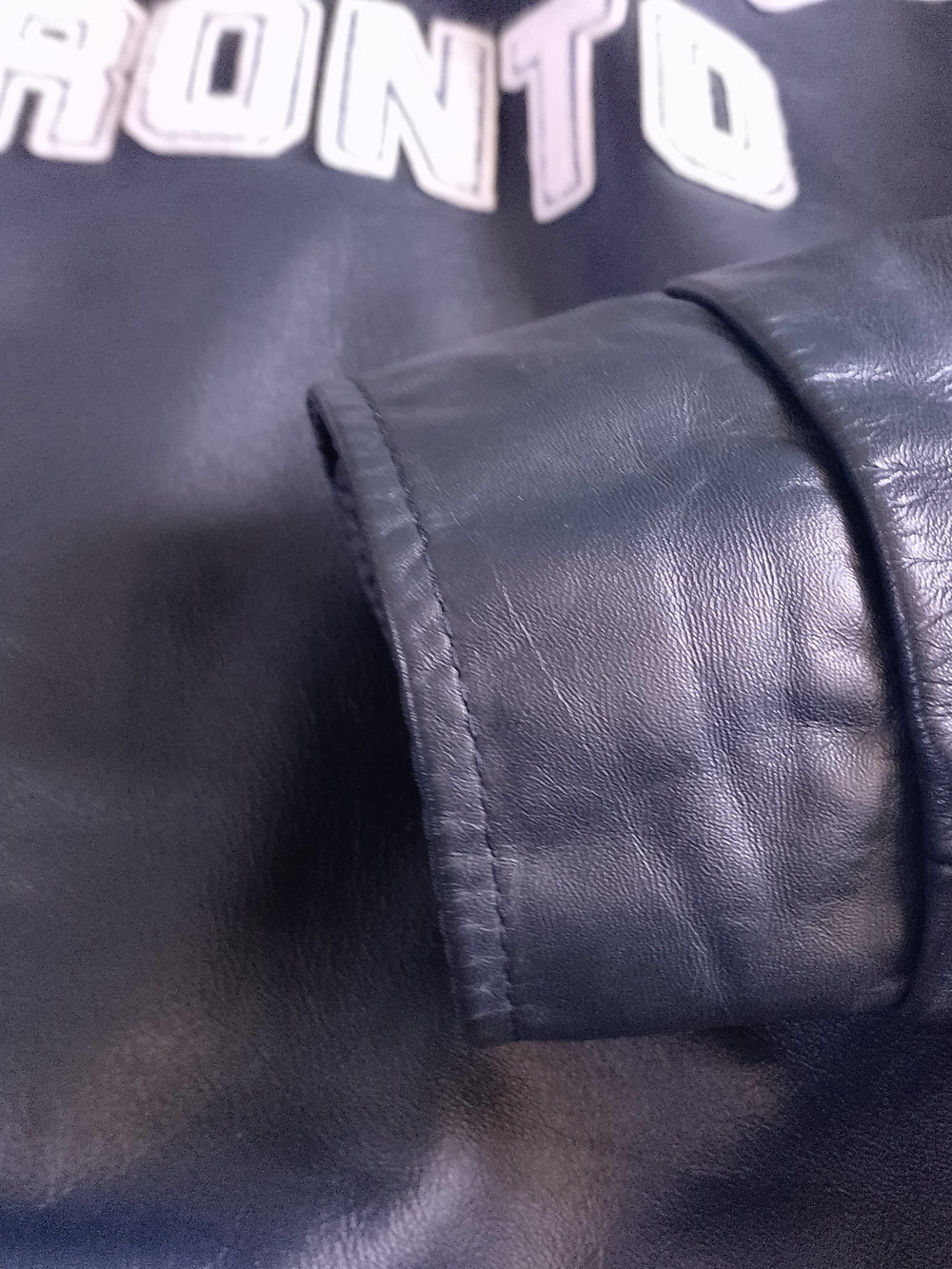 Vintage 1980s University of Toronto Navy Leather Jacket LANGUAGE DEPT LETTERMAN