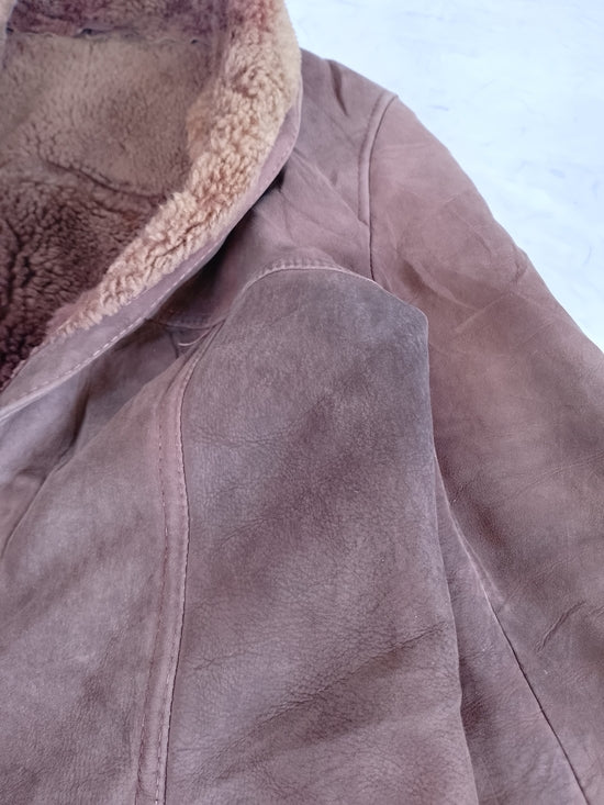Vintage Womens Brown Shearling Teddy-Lined Leather Long Coat