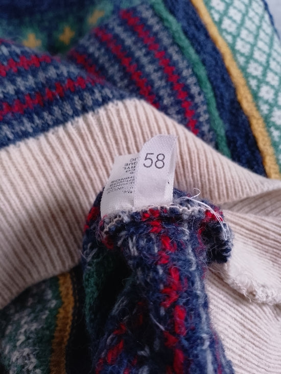 Vintage 90s Enzo Lorenzo WOOL Multicoloured Patterned Knit Sweater with Shawl Co