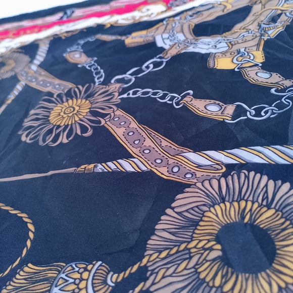 Vintage Equestrian Silk Scarf Horses & Harness Print Gold Red Black Brown 30”