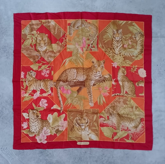 Vintage Salvatore Ferragamo Tiger & Leopard Print Silk Scarf Red Orange Yellow