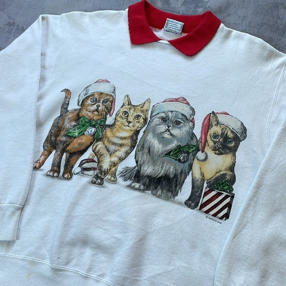 Vintage 90s Kittens/Cats In Santa Hats Double-sided Crewneck Sweater