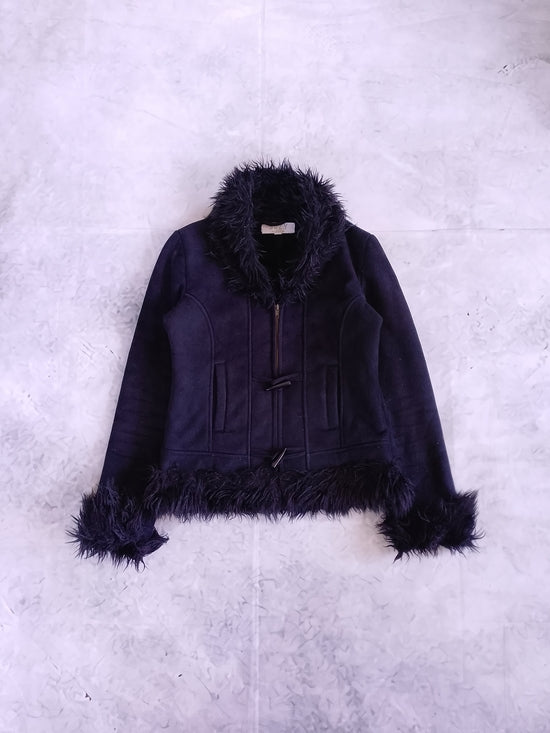 Y2K Style Women's Faux-Fur Trim Dark Black Jacket SUZY SHIER