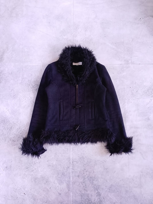 Y2K Style Women's Faux-Fur Trim Dark Black Jacket SUZY SHIER