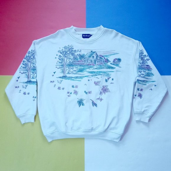 Vintage 90s Cottage with Leaves Print All Over Crewneck Sweater