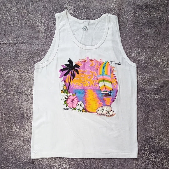 Vintage 90s FLORIDA Waterscape Art Print USA Tank Top 3D Puff