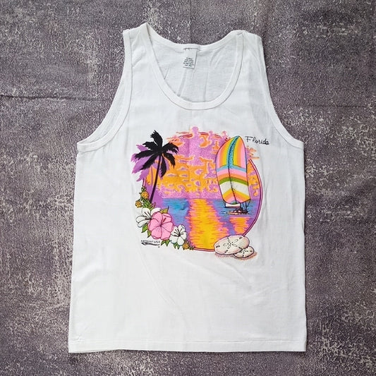 Vintage 90s FLORIDA Waterscape Art Print USA Tank Top 3D Puff