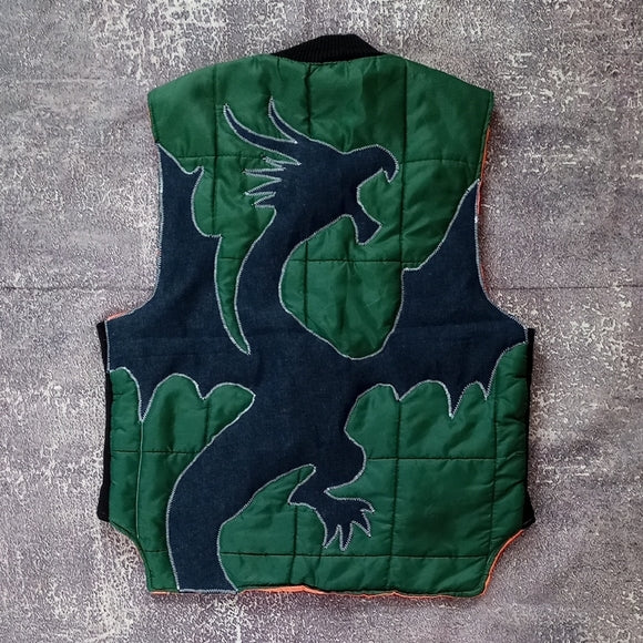 Vintage CUSTOM Green Quilted Vest with Dragon Embroidery