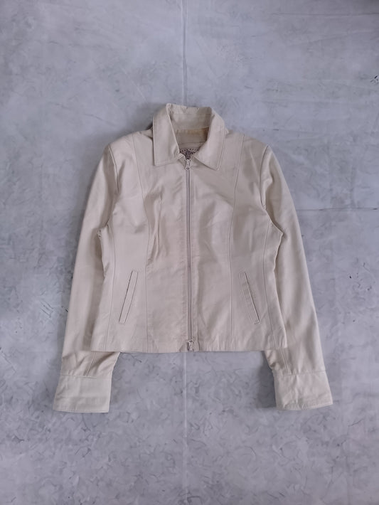 Women's Cream Zip-Front Leather Jacket Vera Pelle