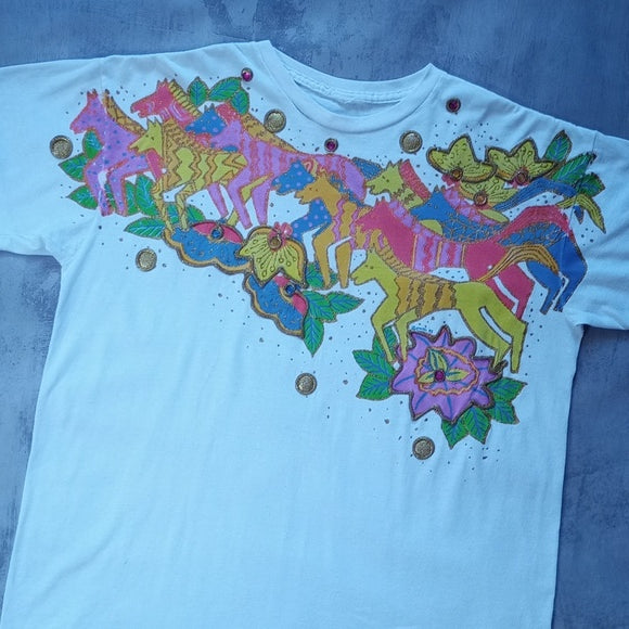 Vintage 1992 KWBL Running Colourful Zebras Graphic Single Stitch T-Shirt