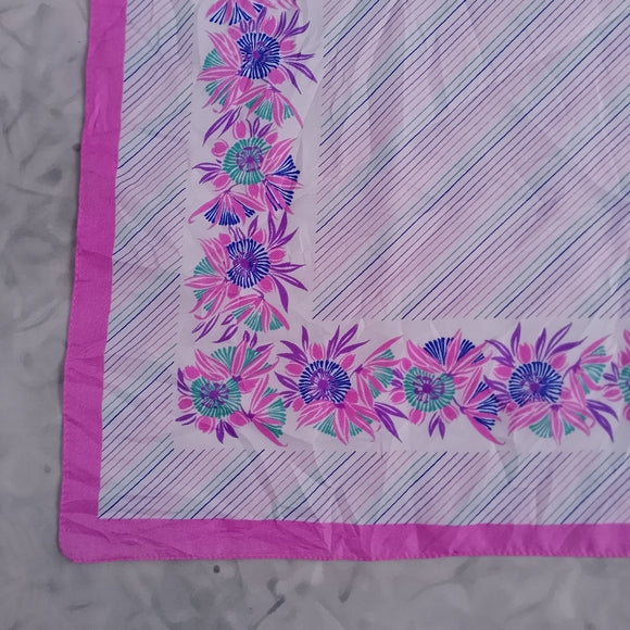 Vintage Floral Silk Scarf Purple White Square Scarf 26” Retro Neck Head Scarf
