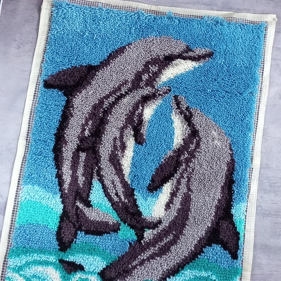 Vintage 90s Dolphin Family Jumping Out The Ocean Latch Hook Rug