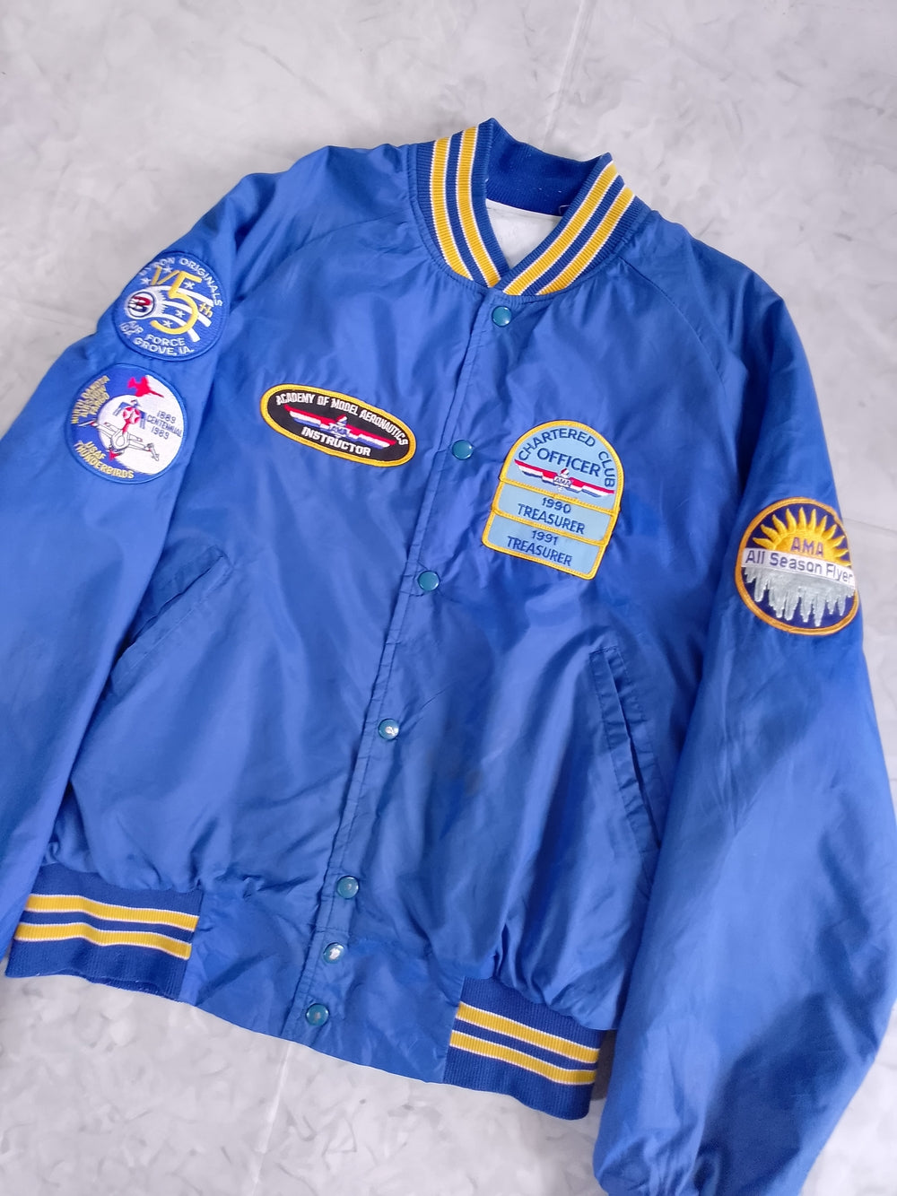Vintage 90s Red Rivre Valley Flyer Patchwork Bomber Jacket with Yellow Trim