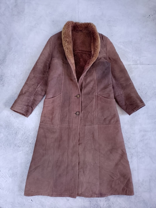 Vintage Womens Brown Shearling Teddy-Lined Leather Long Coat