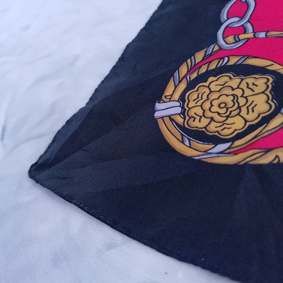 Vintage Equestrian Silk Scarf Horses & Harness Print Gold Red Black Brown 30”