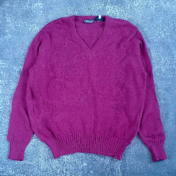 Vintage EILEEN Cable Knit V-Neck Sweater - Rich Berry