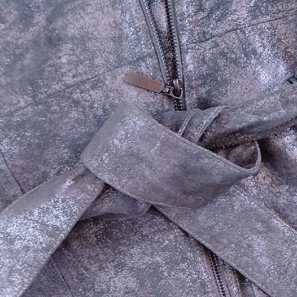 Vintage 90s Metallic Grey Belted Leather Coat