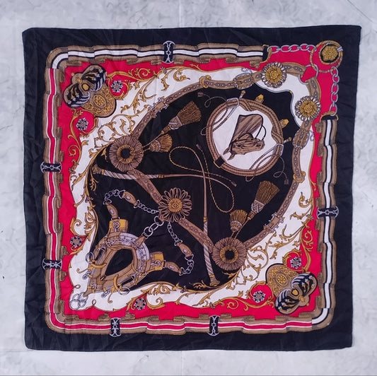 Vintage Equestrian Silk Scarf Horses & Harness Print Gold Red Black Brown 30”