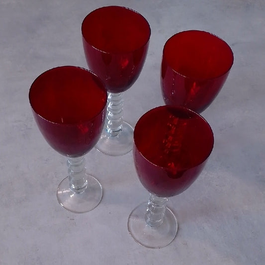 4 Vintage Art Deco Ruby Glass Wine Water Goblets Ruby Stemware Clear Knob Stem