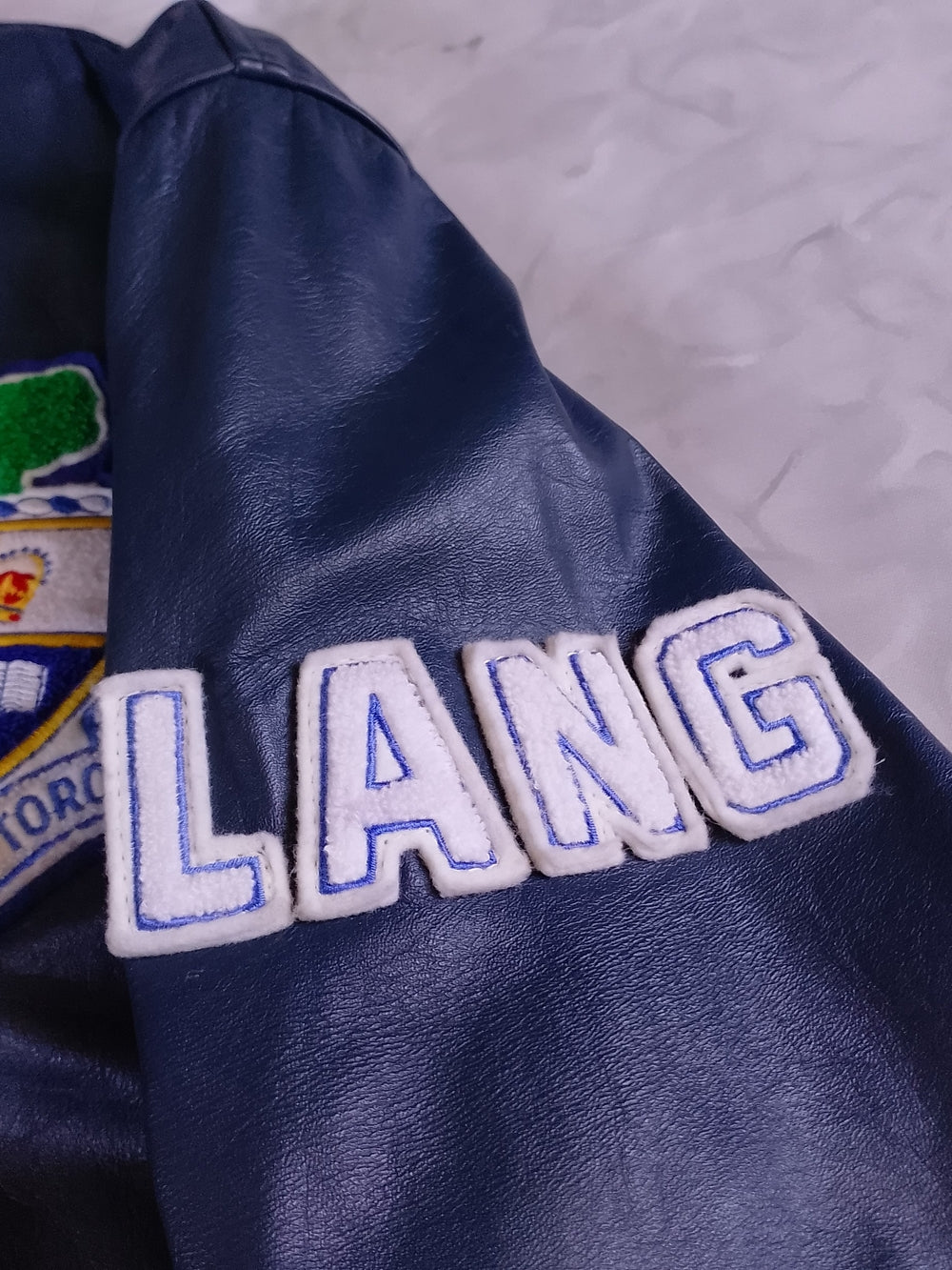 Vintage 1980s University of Toronto Navy Leather Jacket LANGUAGE DEPT LETTERMAN