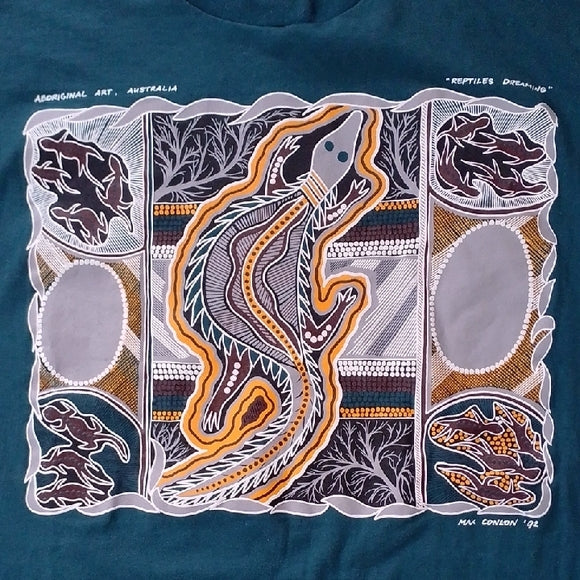 VINTAGE 1992 ABORIGINAL ART AUSTRALIA REPTILES DREAMING MAX CONLON SHIRT