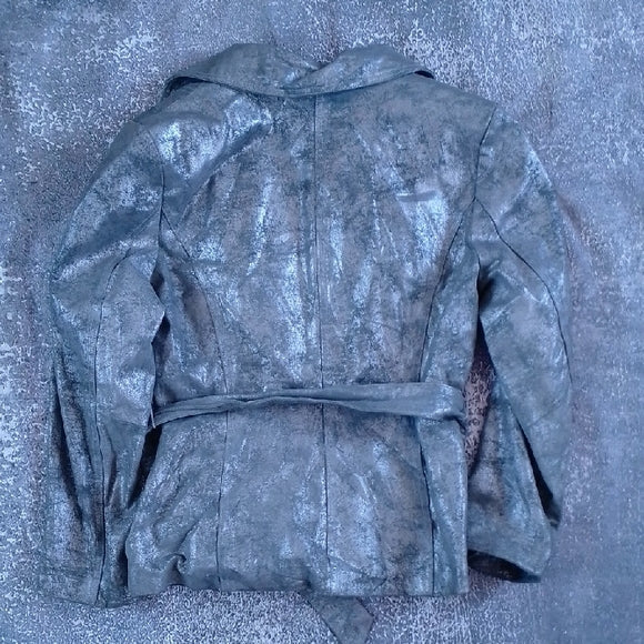 Vintage 90s Metallic Grey Belted Leather Coat