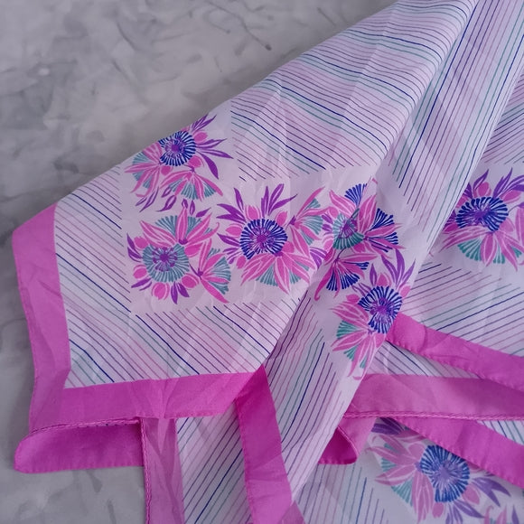 Vintage Floral Silk Scarf Purple White Square Scarf 26” Retro Neck Head Scarf