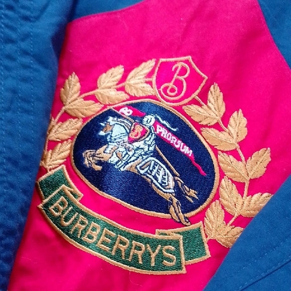 Vintage BURBERRY'S Navy Blue Jacket with Red Lining Embroidered UNISEX MAC COAT