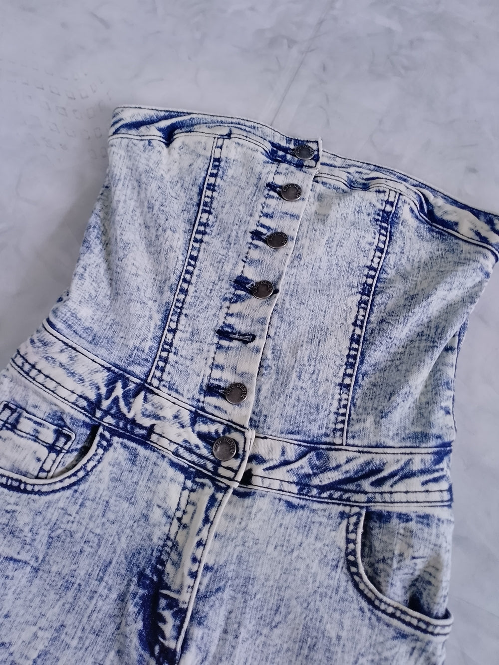 High-Waist Acid Wash Strapless Jeans Jumpsuit Light Blue GJG DENIM USA MADE