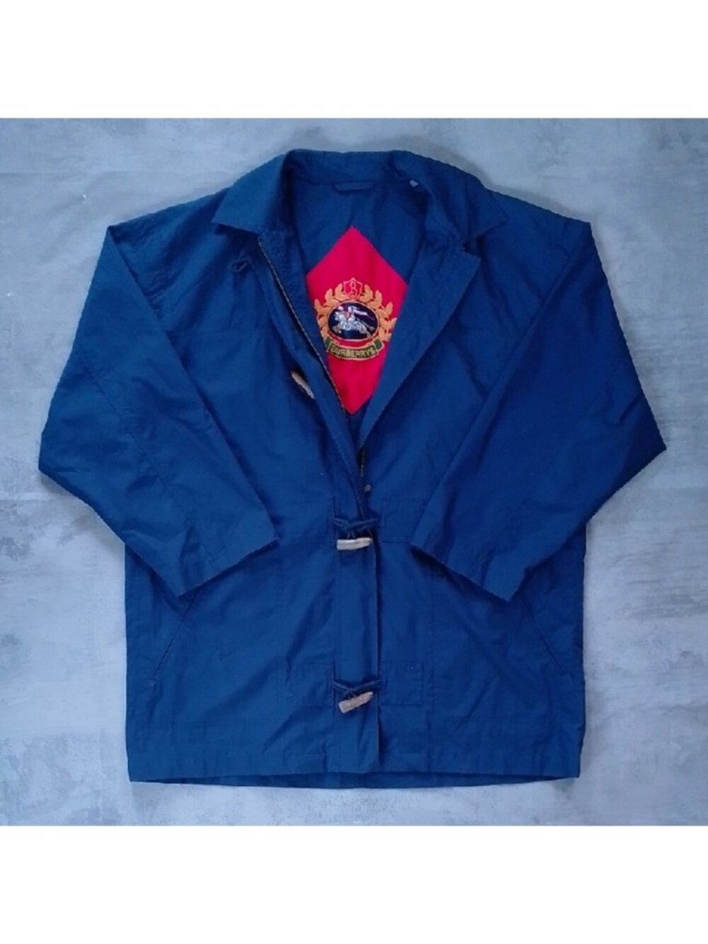 Vintage BURBERRY'S Navy Blue Jacket with Red Lining Embroidered UNISEX MAC COAT