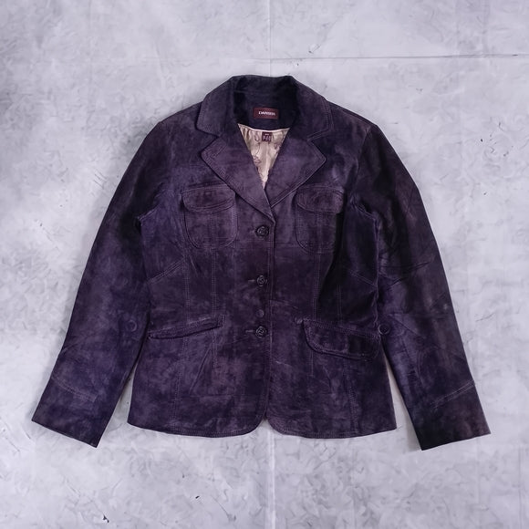 Danier Leather Suede Button-Front Blazer Jacket - Deep Purple