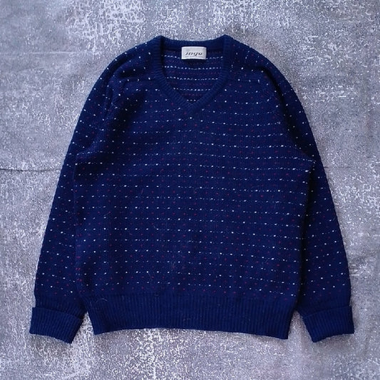 VINTAGE 90s ingo Dotted Navy Blue Wool V-Neck Sweater