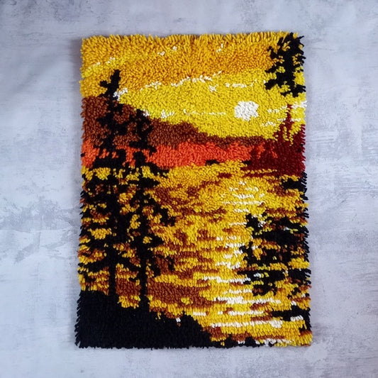 Vintage 70s Latch Hook Rug Silloete Trees With Sunset And Lake with Hills