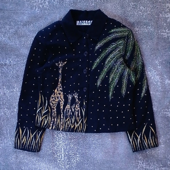 Vintage Black Jacket with Giraffe Family In Stars Design