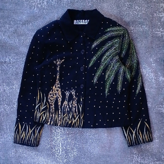 Vintage Black Jacket with Giraffe Family In Stars Design
