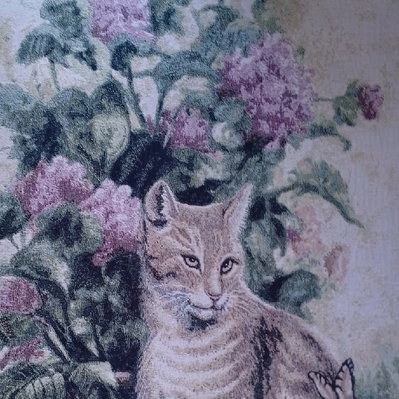 VINTAGE 1996 Floral Cat Tapestry with Tan and Gray Cats PICKEN