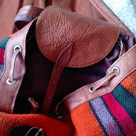 Vintage Peru Andean Hippie Boho Festival Wool Blanket Pockets Bag Backpack Rucks