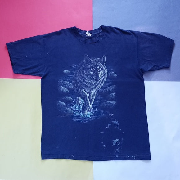 Vintage 90s Wolf Walking Through River Single Stitch T-Shirt Distressed Unisex