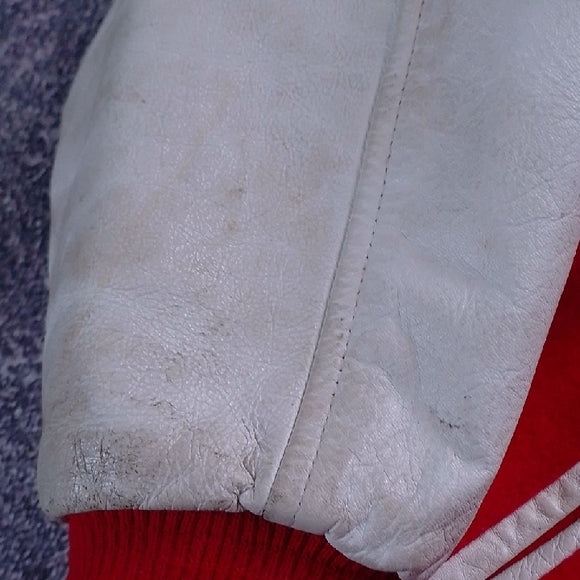 VINTAGE Red and White Stratford Auction Varsity Jacket WOOL/LEATHER
