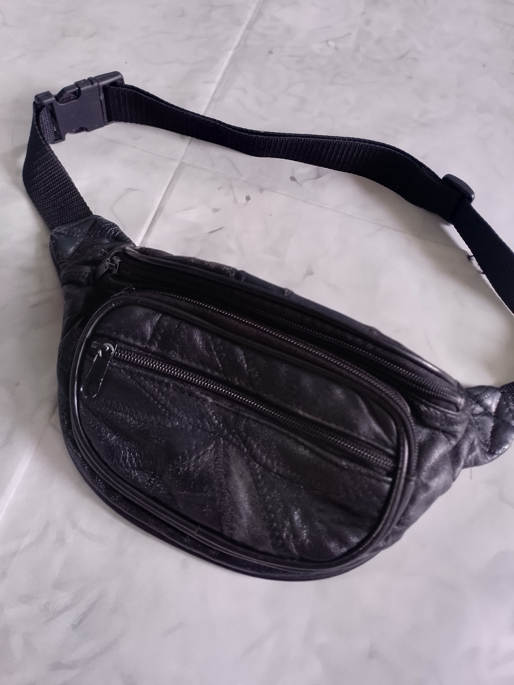 Vintage Black Leather fanny Pack Waist Bag UNISEX