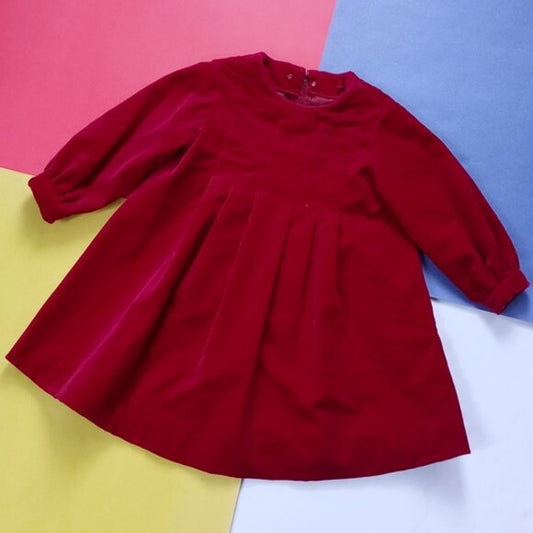 Vintage Girls Handmade Fancy Red Velvet Pleated Dress