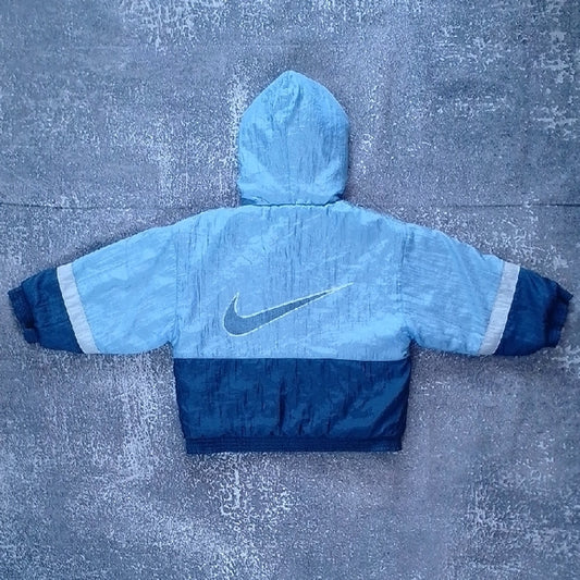 VINTAGE 90s NIKE Kids Light Blue and Navy Puffer Jacket BIG LOGO