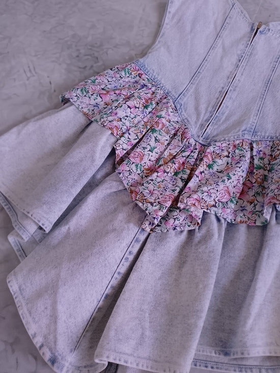 Vintage 80s 90s Acid Wash  Floral Ruffle Mini Short Dress