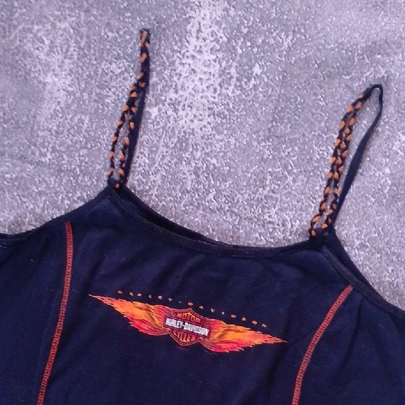 Vintage 2002 Harley-Davidson Black Camisole Spaghetti Strap Orange Detail