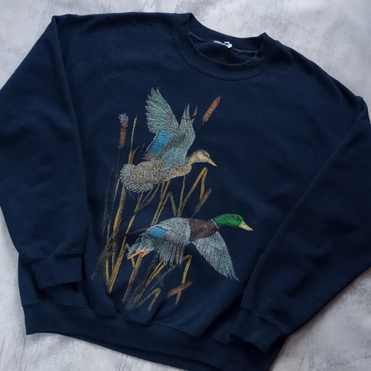 Vintage 90s Flying Ducks Big Print All Over Crewneck Sweater