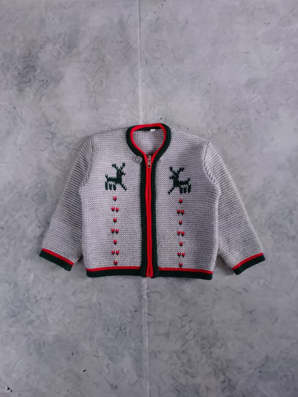 Vintage Green Reindeer & Red Trim Gray Knit Cardigan