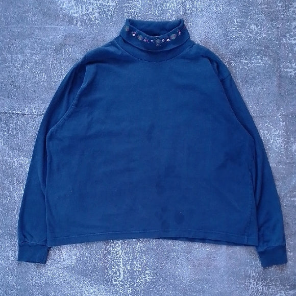 VINTAGE 90s Blue Turtleneck Sweater with FLORAL Collar